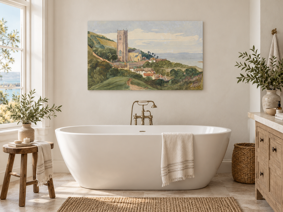 Hand-painted Coastal Church and Village Hillside View landscape oil painting displayed as wall art in a styled interior