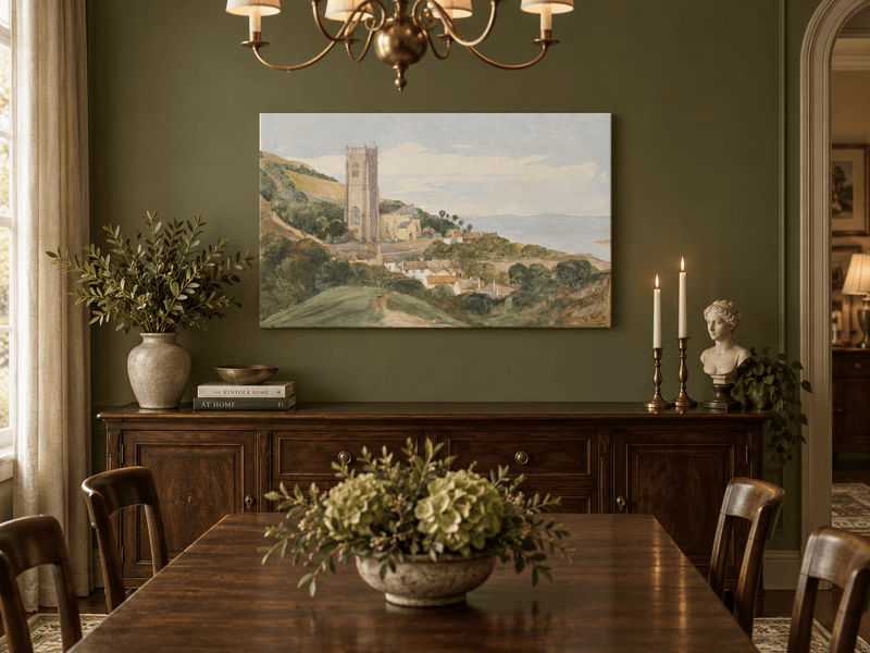 Hand-painted Coastal Church and Village Hillside View landscape oil painting displayed as wall art in a styled interior