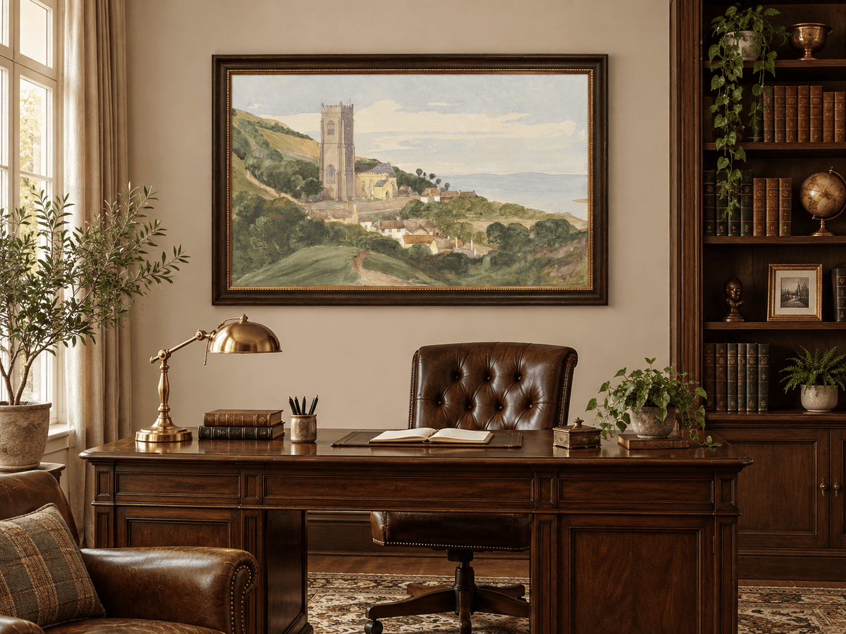 Hand-painted Coastal Church and Village Hillside View landscape oil painting displayed as wall art in a styled interior