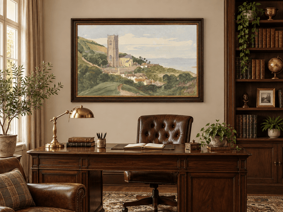 Hand-painted Coastal Church and Village Hillside View landscape oil painting displayed as wall art in a styled interior