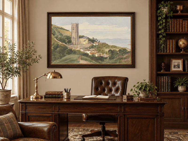 Hand-painted Coastal Church and Village Hillside View landscape oil painting displayed as wall art in a styled interior