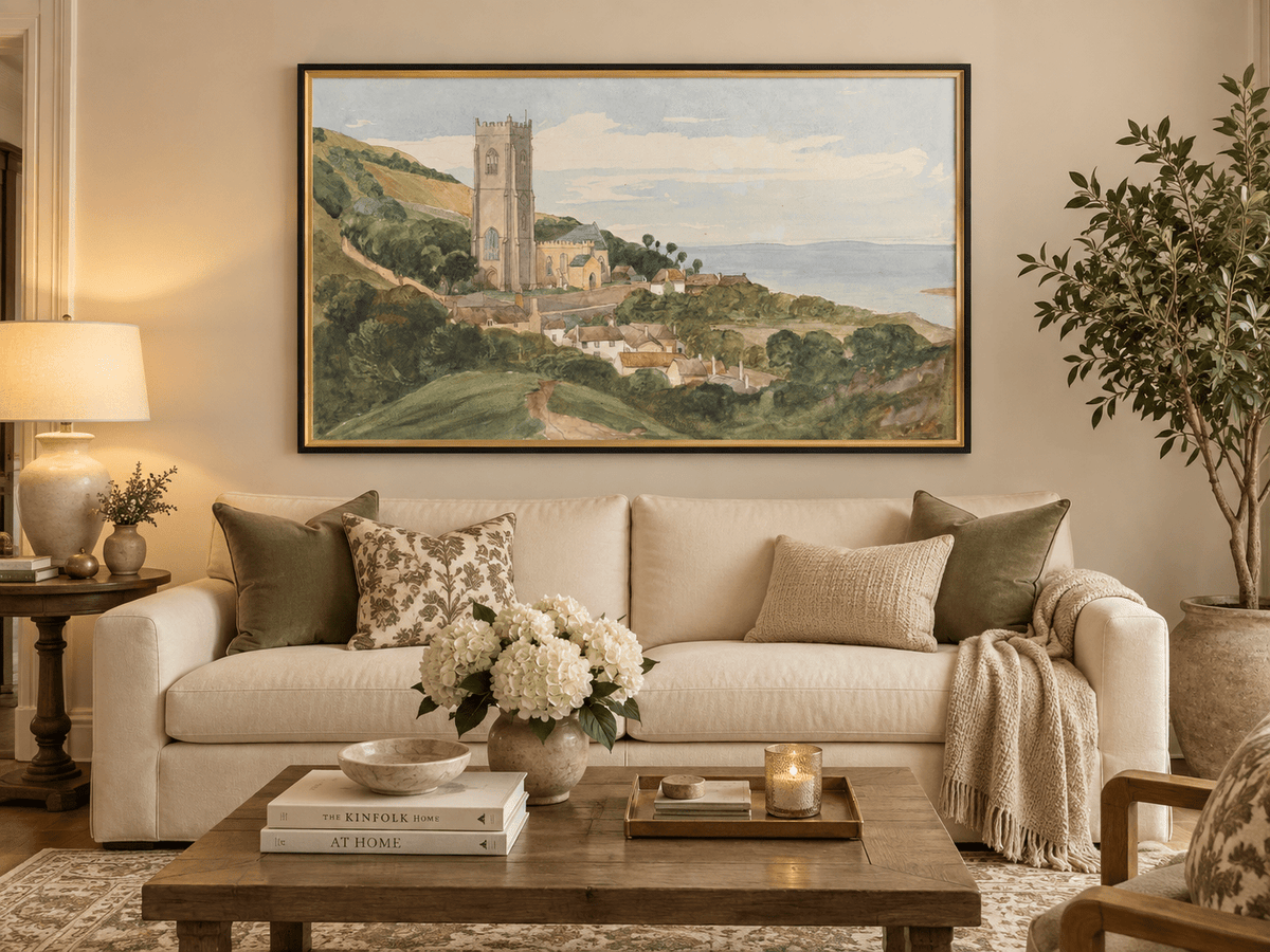 Hand-painted Coastal Church and Village Hillside View landscape oil painting displayed as wall art in a styled interior