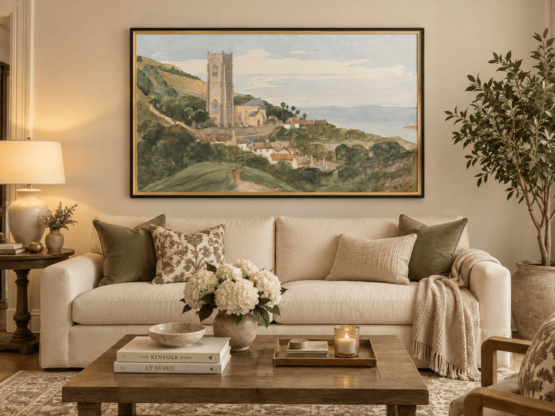 Hand-painted Coastal Church and Village Hillside View landscape oil painting displayed as wall art in a styled interior