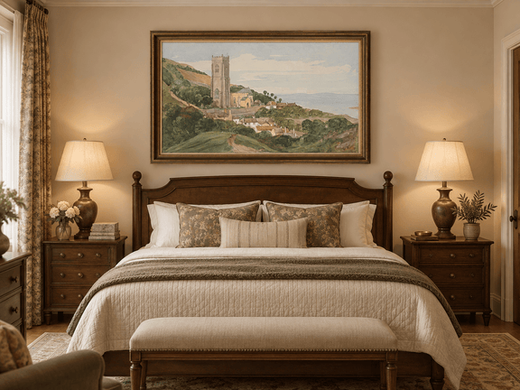 Hand-painted Coastal Church and Village Hillside View landscape oil painting displayed as wall art in a styled interior