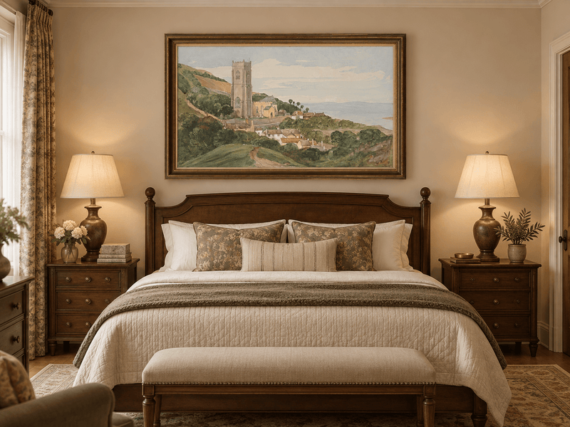 Hand-painted Coastal Church and Village Hillside View landscape oil painting displayed as wall art in a styled interior