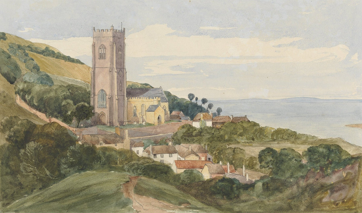 Hand-painted coastal church and village hillside view landscape oil painting on canvas