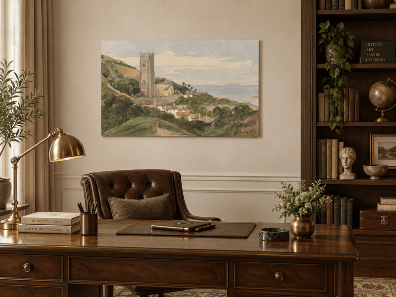 Hand-painted Coastal Church and Village Hillside View landscape oil painting displayed as wall art in a styled interior