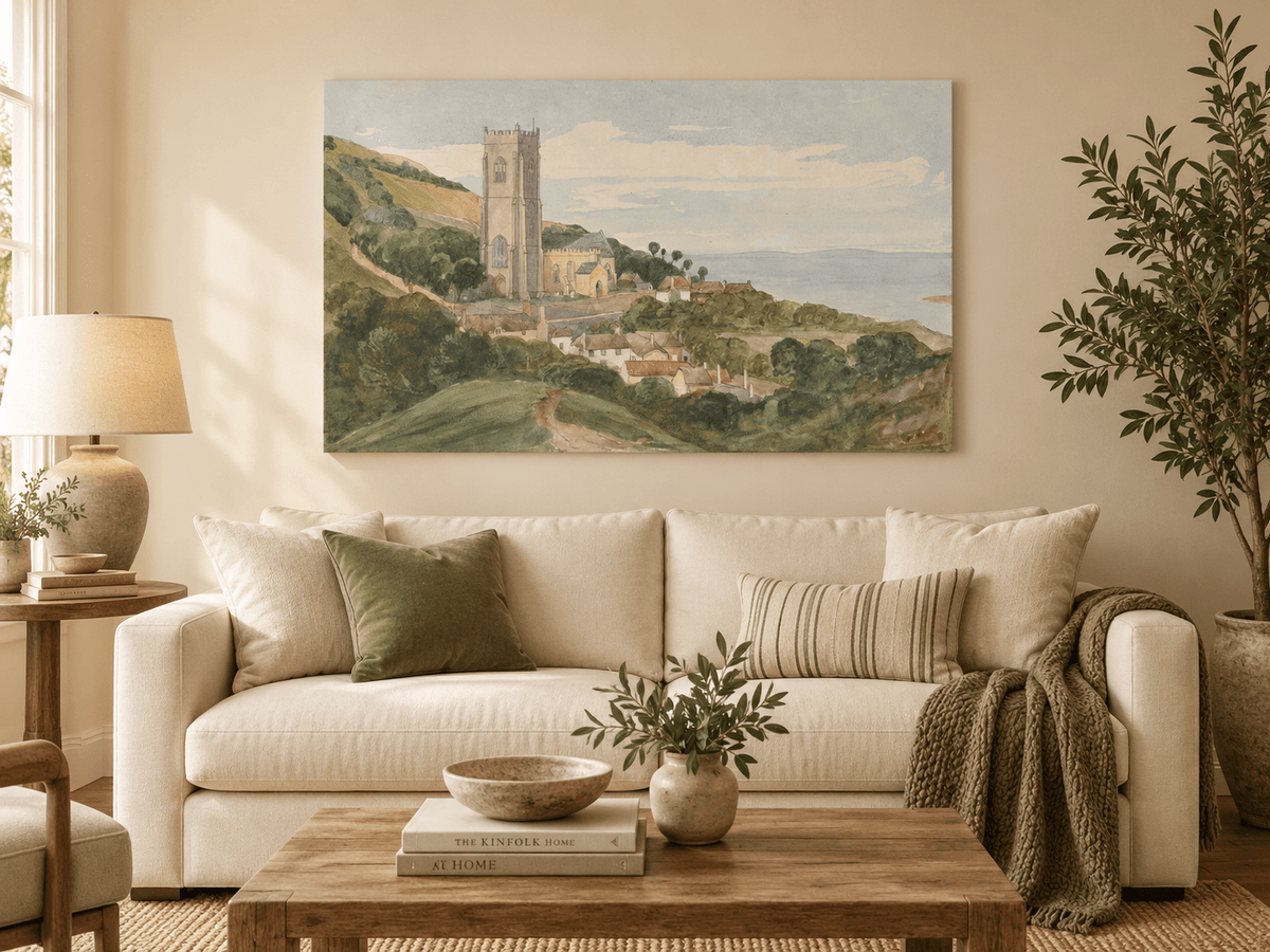 Hand-painted Coastal Church and Village Hillside View landscape oil painting displayed as wall art in a styled interior