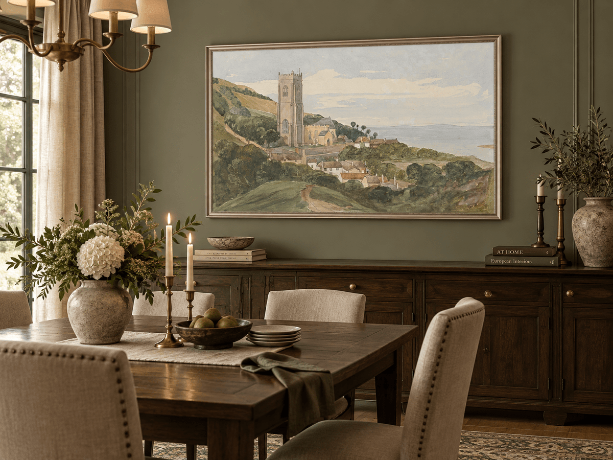 Hand-painted Coastal Church and Village Hillside View landscape oil painting displayed as wall art in a styled interior