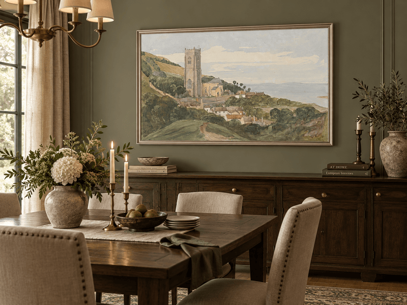 Hand-painted Coastal Church and Village Hillside View landscape oil painting displayed as wall art in a styled interior