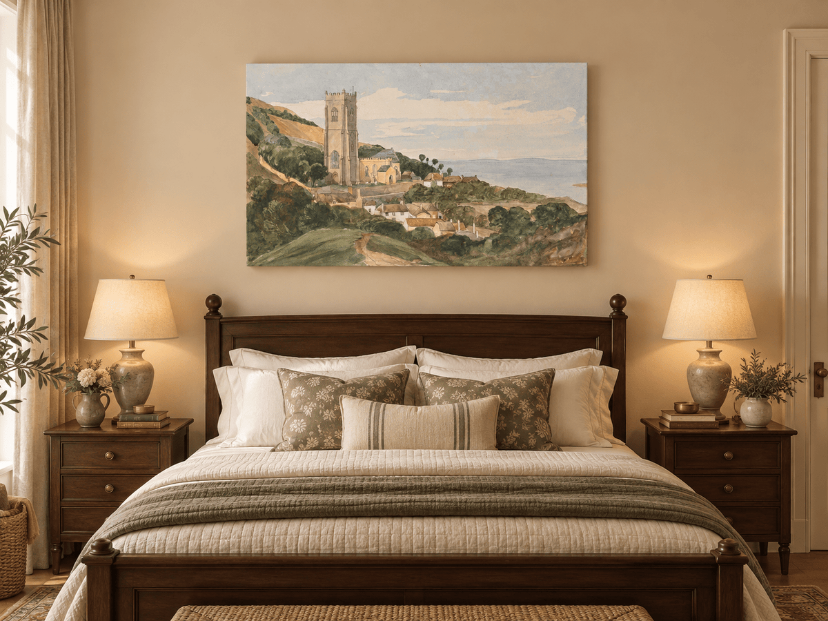 Hand-painted Coastal Church and Village Hillside View landscape oil painting displayed as wall art in a styled interior