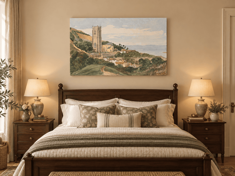 Hand-painted Coastal Church and Village Hillside View landscape oil painting displayed as wall art in a styled interior