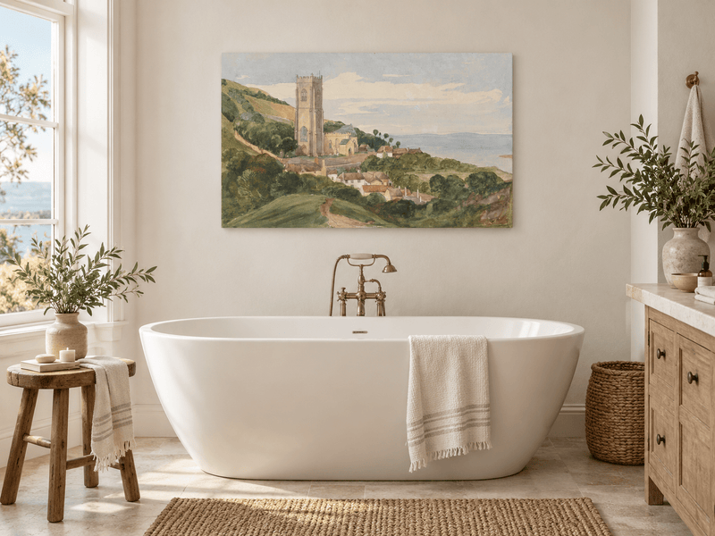 Hand-painted Coastal Church and Village Hillside View landscape oil painting displayed as wall art in a styled interior
