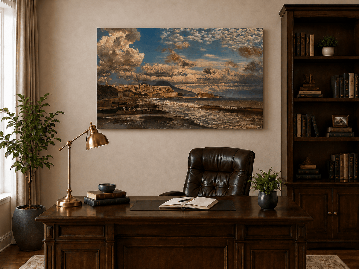 Landscape Oil Painting - Coastal City and Dramatic Sea View