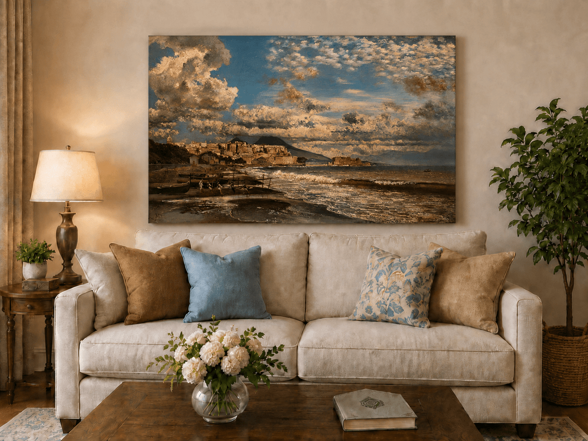 Landscape Oil Painting - Coastal City and Dramatic Sea View