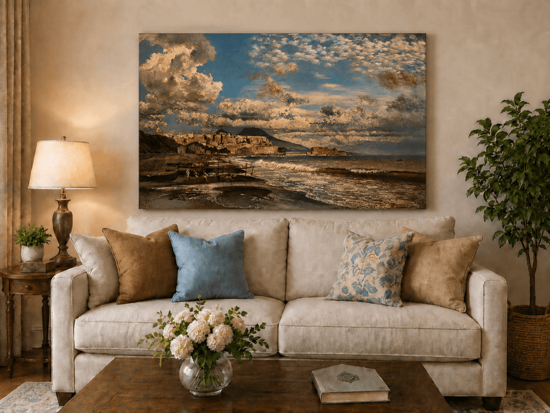 Landscape Oil Painting - Coastal City and Dramatic Sea View
