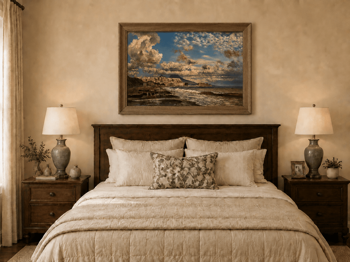 Landscape Oil Painting - Coastal City and Dramatic Sea View