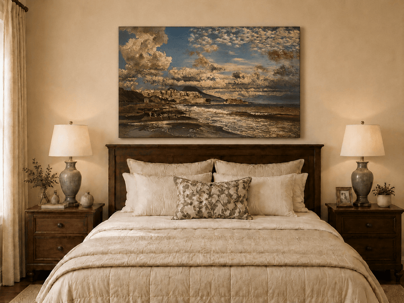 Landscape Oil Painting - Coastal City and Dramatic Sea View