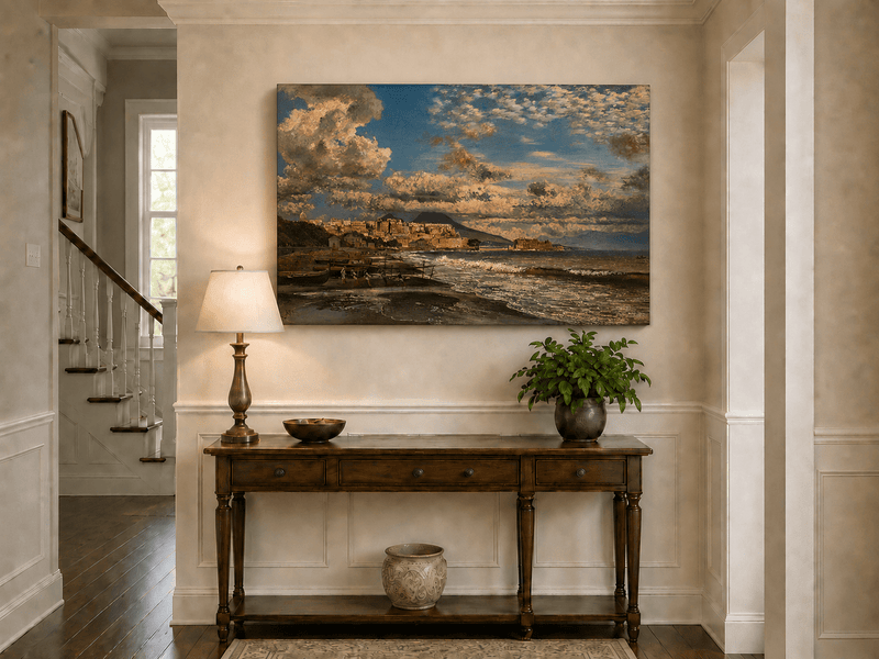 Landscape Oil Painting - Coastal City and Dramatic Sea View