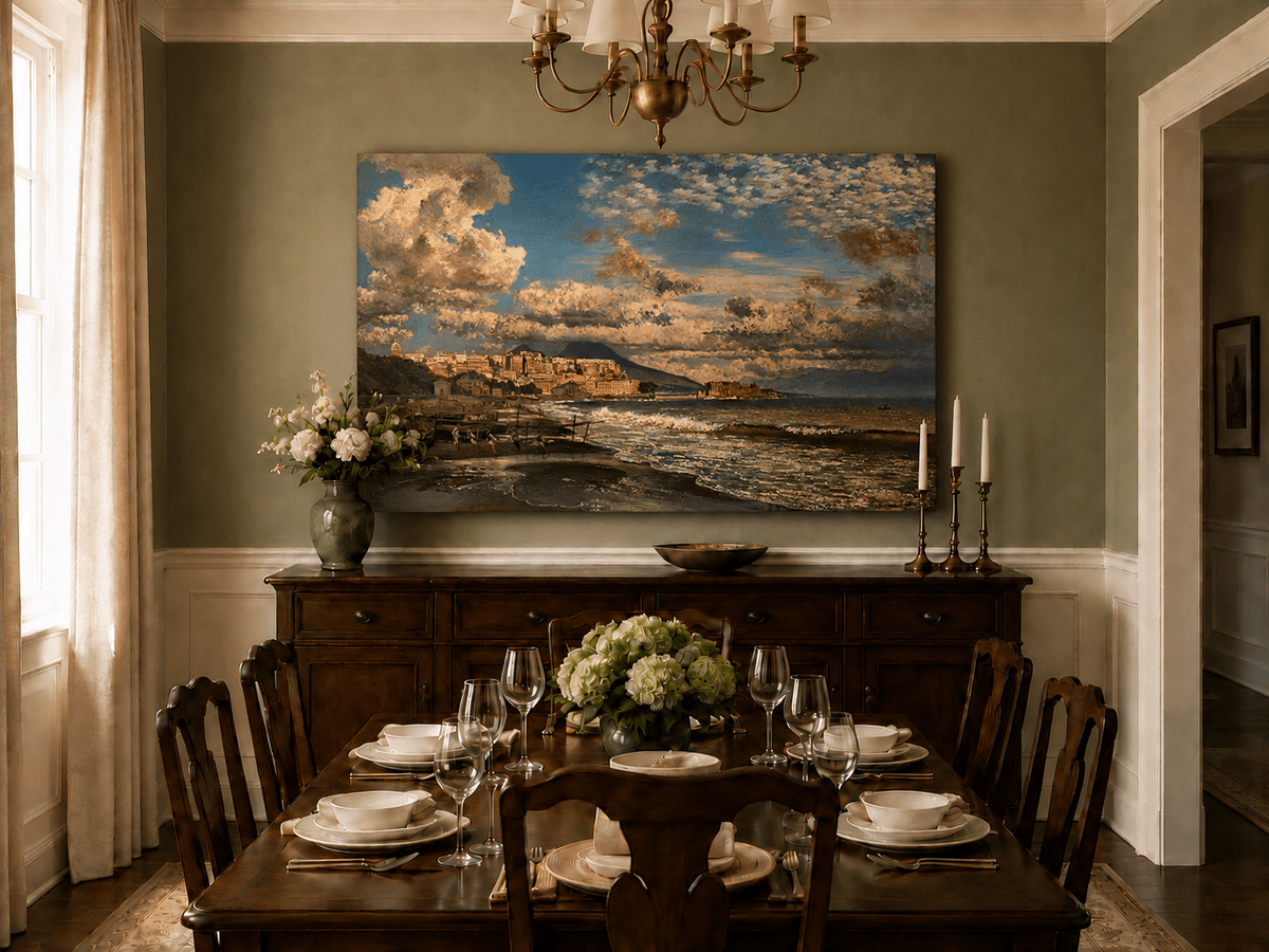 Landscape Oil Painting - Coastal City and Dramatic Sea View