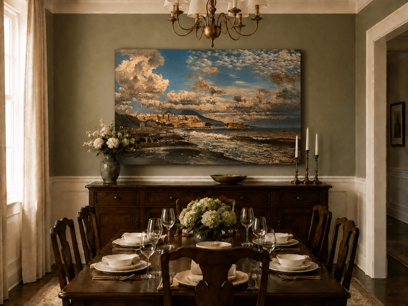 Landscape Oil Painting - Coastal City and Dramatic Sea View