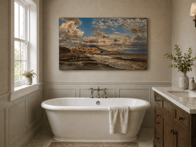 Landscape Oil Painting - Coastal City and Dramatic Sea View