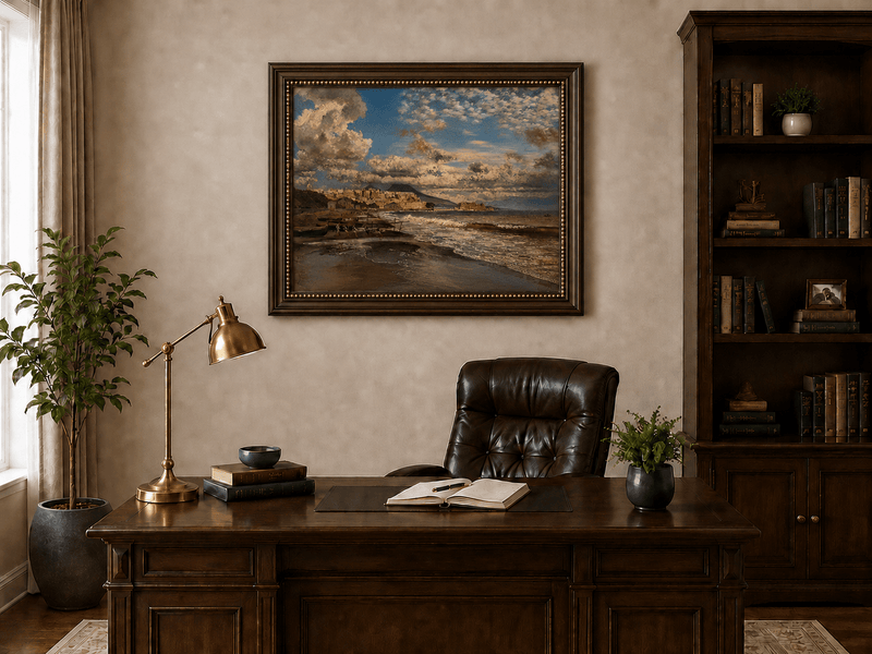 Landscape Oil Painting - Coastal City and Dramatic Sea View