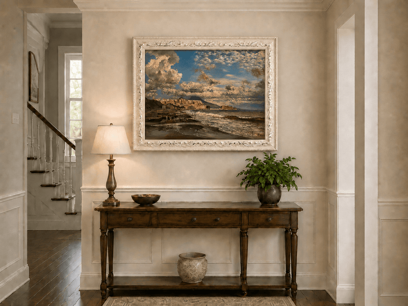Landscape Oil Painting - Coastal City and Dramatic Sea View