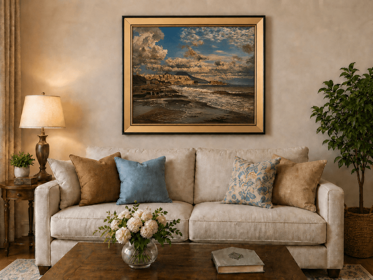 Landscape Oil Painting - Coastal City and Dramatic Sea View