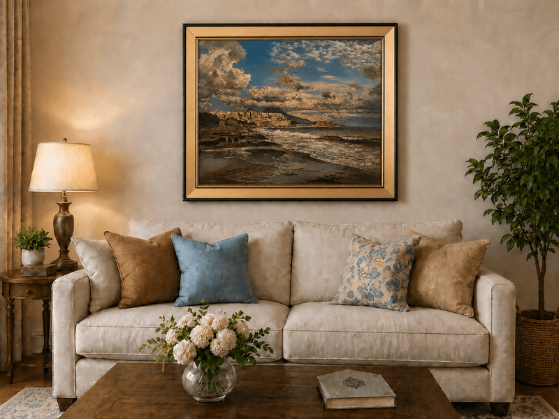 Landscape Oil Painting - Coastal City and Dramatic Sea View