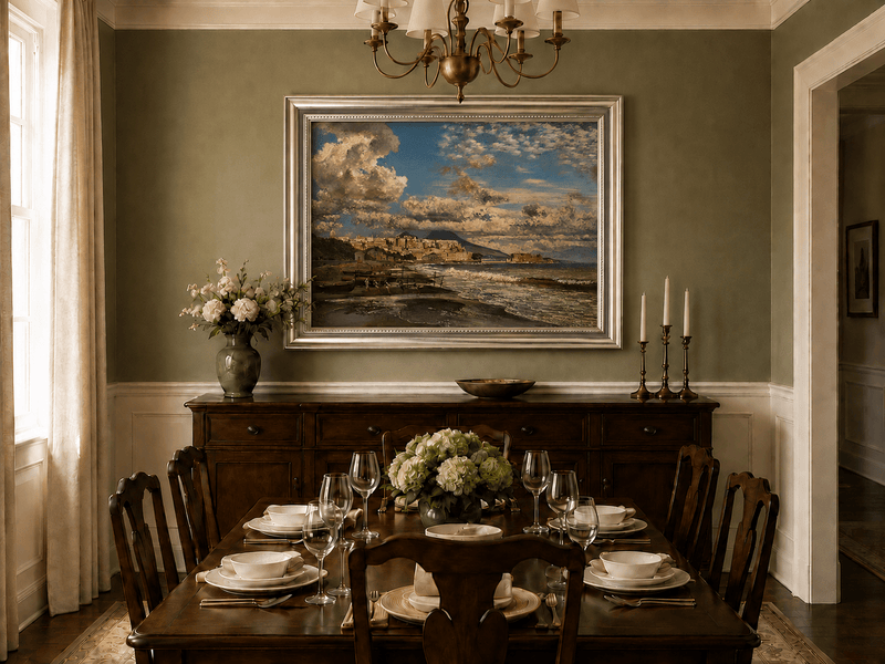 Landscape Oil Painting - Coastal City and Dramatic Sea View