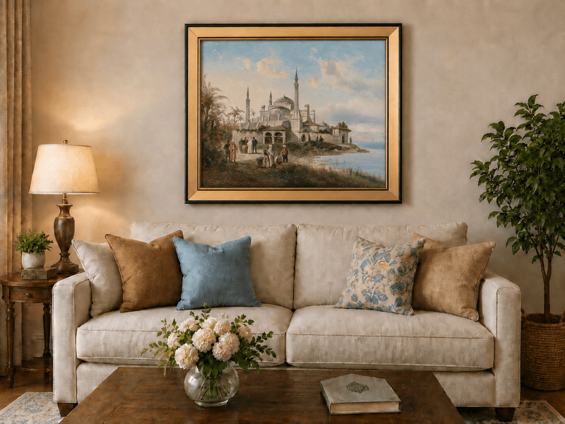 Landscape Oil Painting - Coastal City Mosque & Figures at Dusk