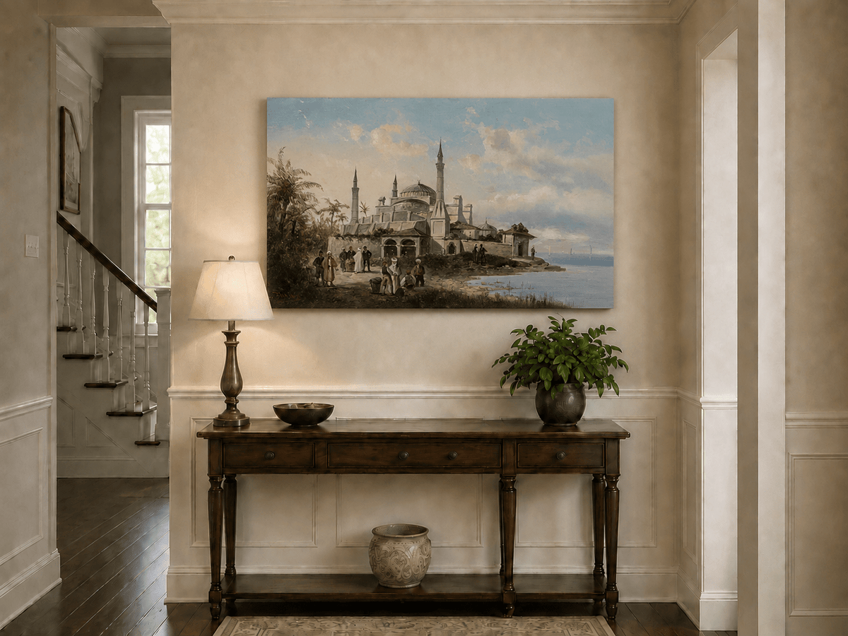 Landscape Oil Painting - Coastal City Mosque & Figures at Dusk