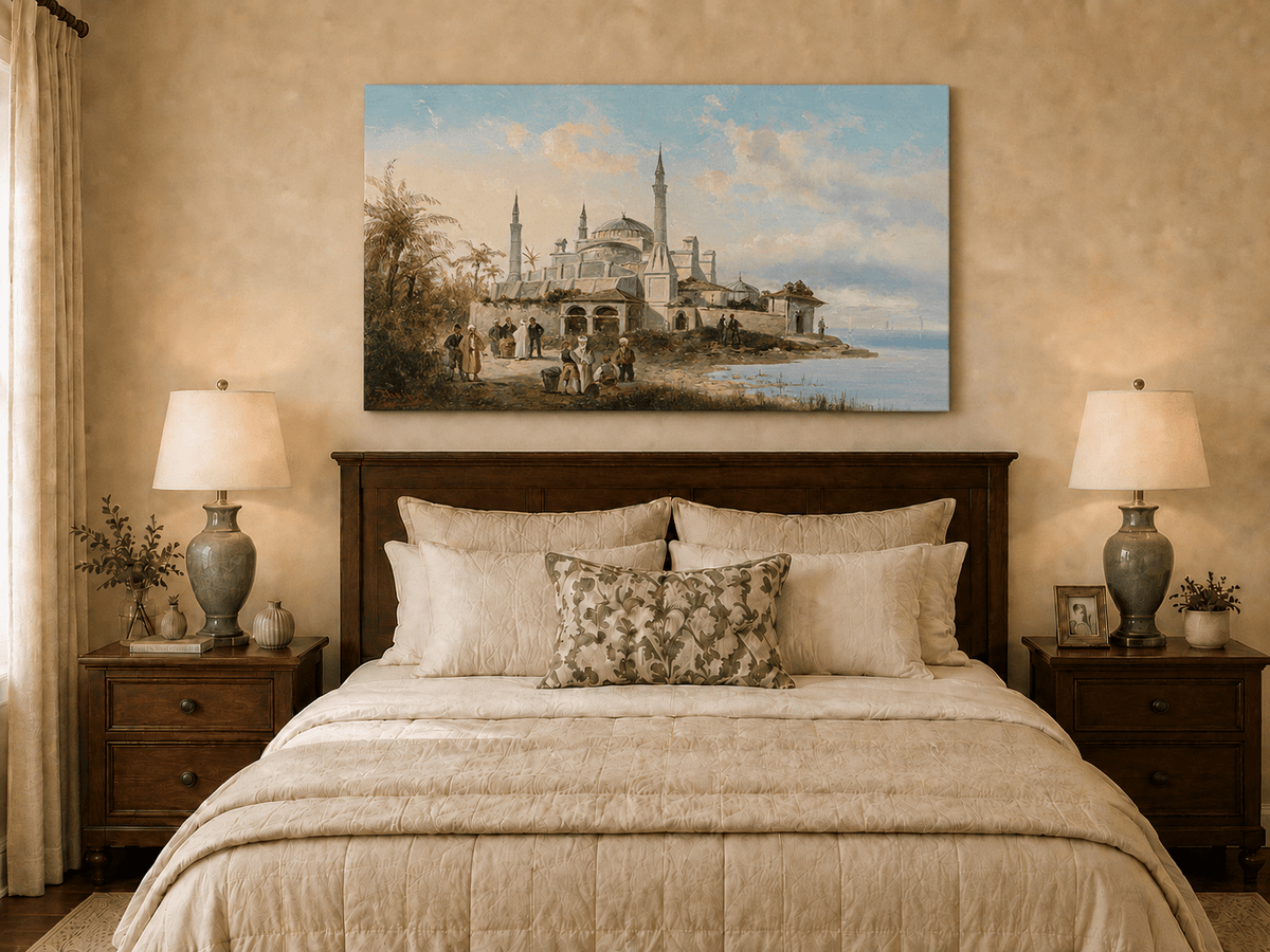 Landscape Oil Painting - Coastal City Mosque & Figures at Dusk