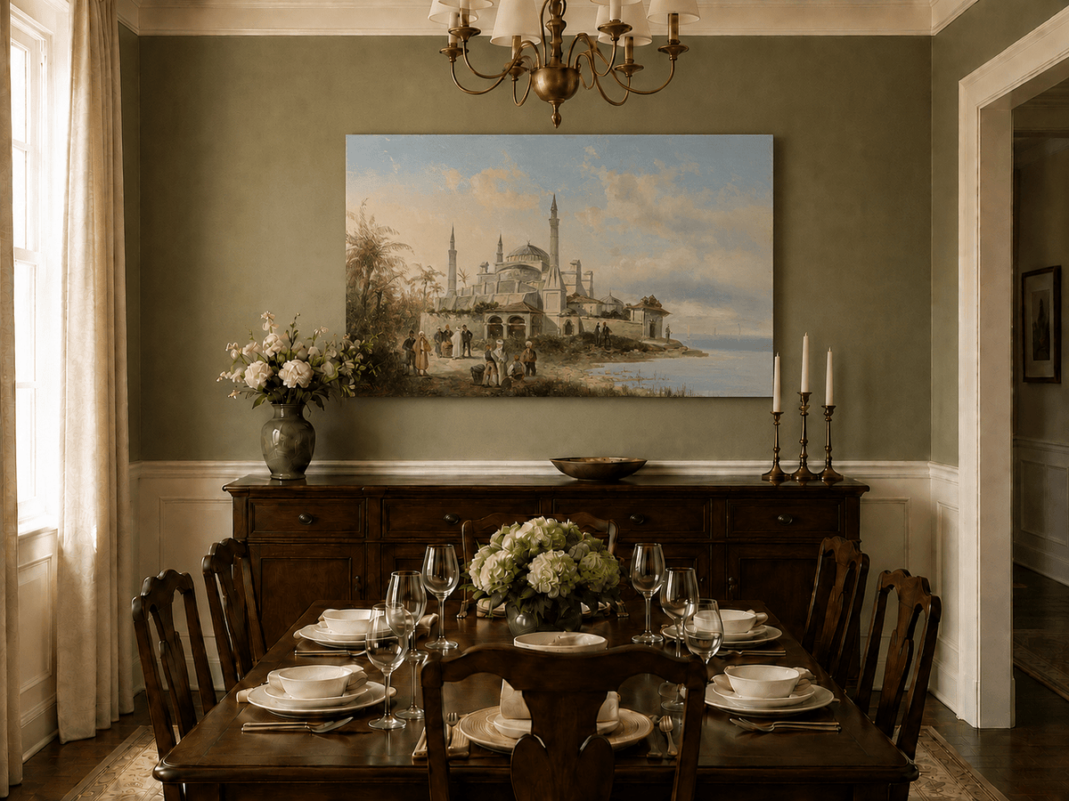 Landscape Oil Painting - Coastal City Mosque & Figures at Dusk