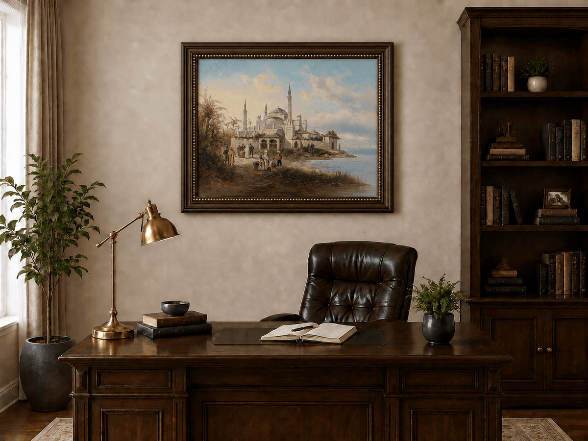 Landscape Oil Painting - Coastal City Mosque & Figures at Dusk