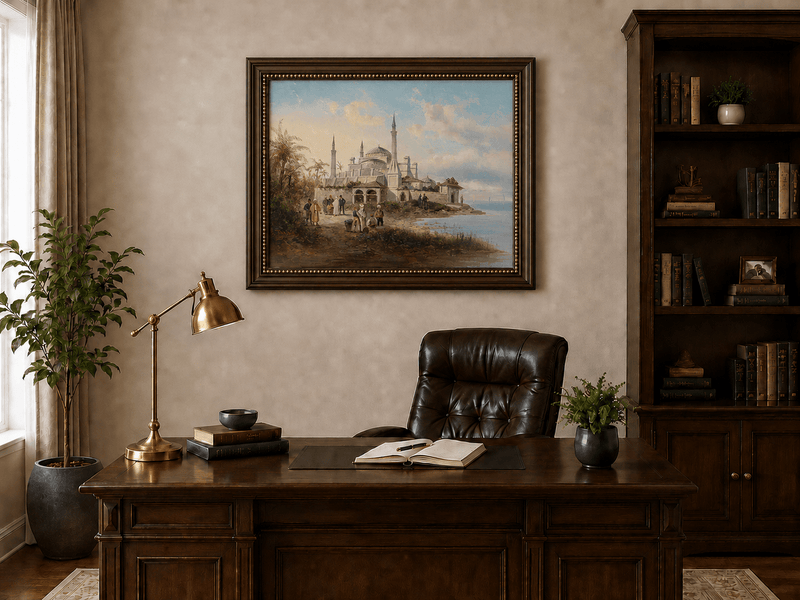 Landscape Oil Painting - Coastal City Mosque & Figures at Dusk