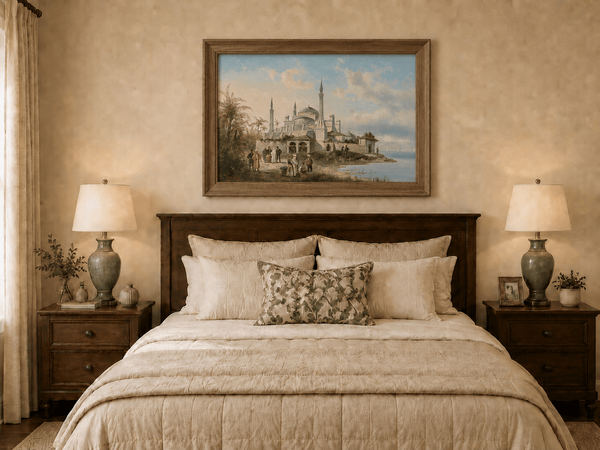 Landscape Oil Painting - Coastal City Mosque & Figures at Dusk