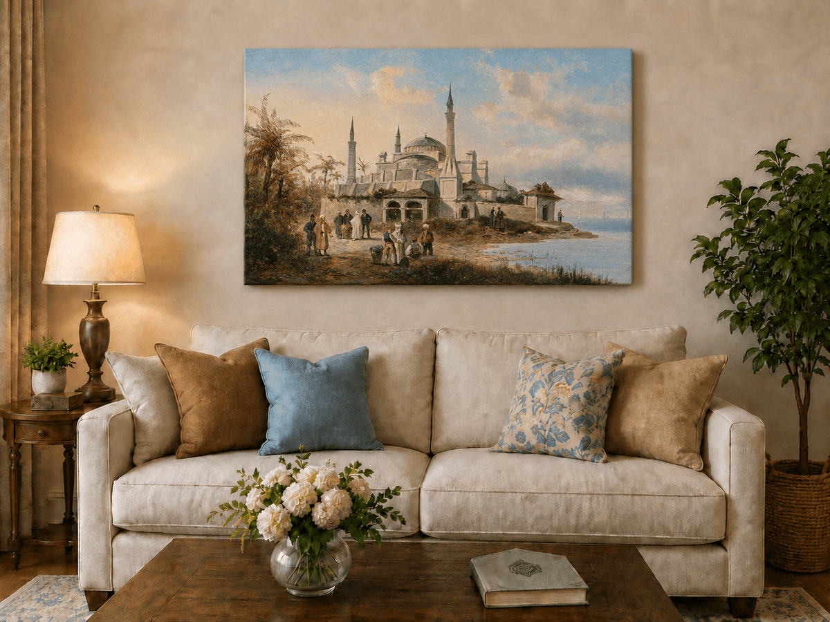 Landscape Oil Painting - Coastal City Mosque & Figures at Dusk