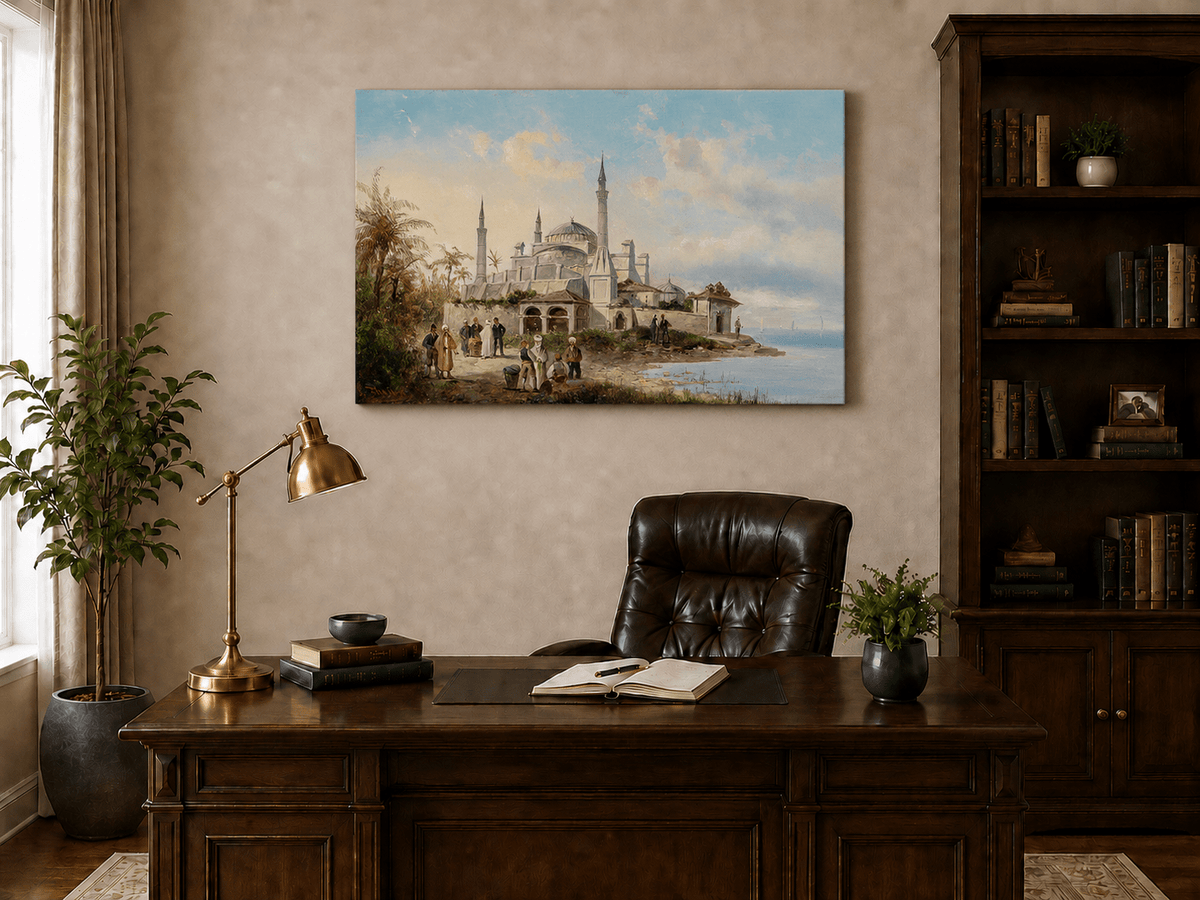 Landscape Oil Painting - Coastal City Mosque & Figures at Dusk