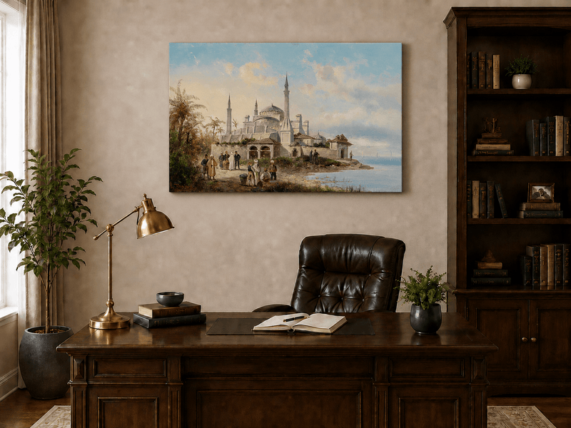 Landscape Oil Painting - Coastal City Mosque & Figures at Dusk