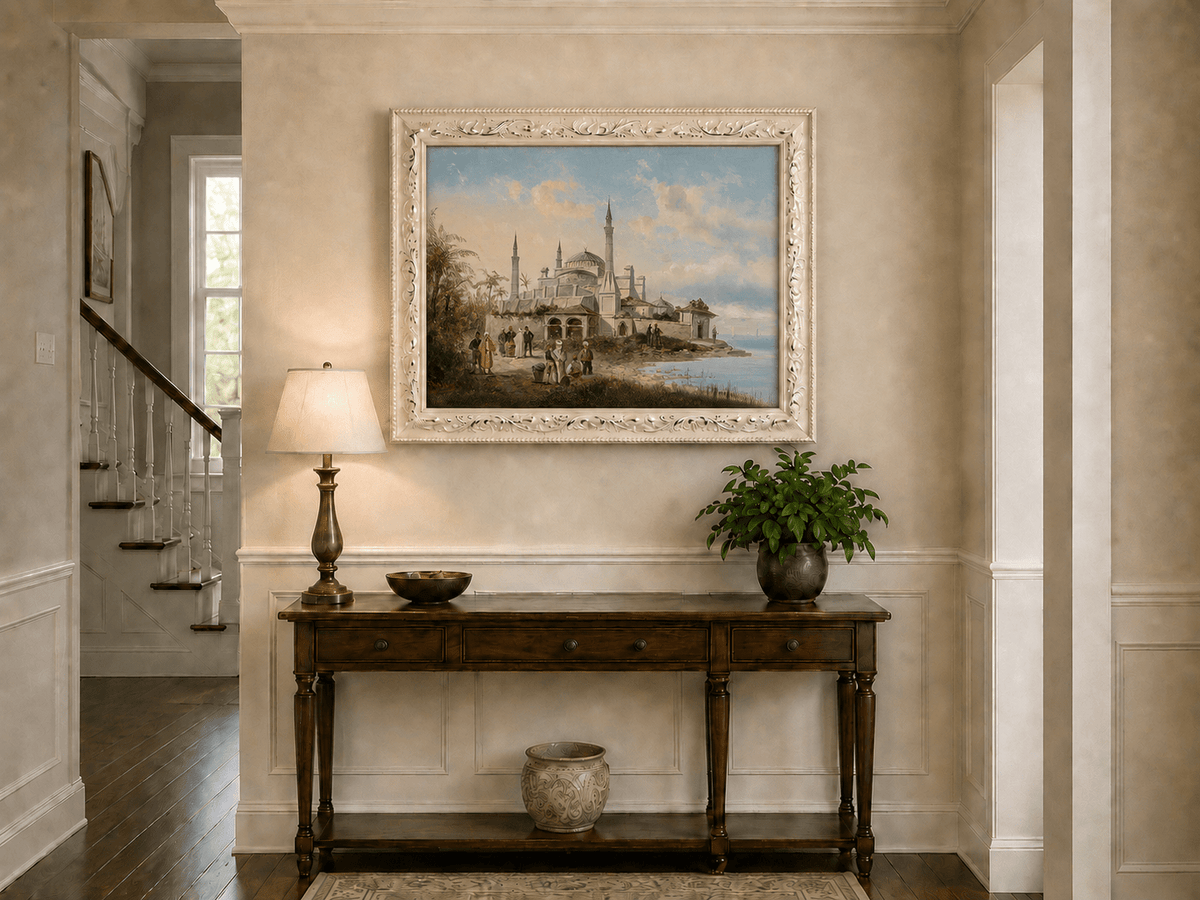 Landscape Oil Painting - Coastal City Mosque & Figures at Dusk