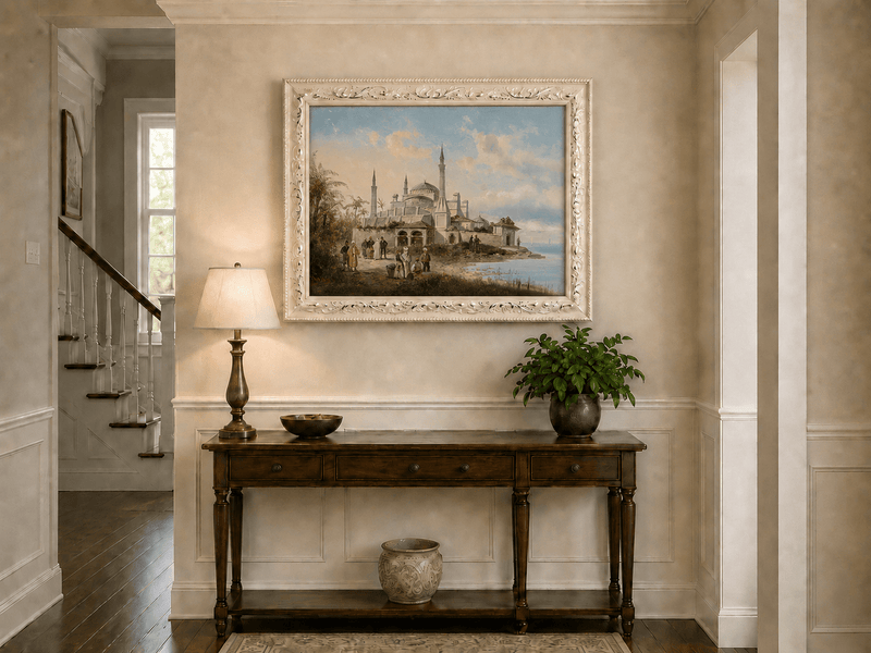 Landscape Oil Painting - Coastal City Mosque & Figures at Dusk