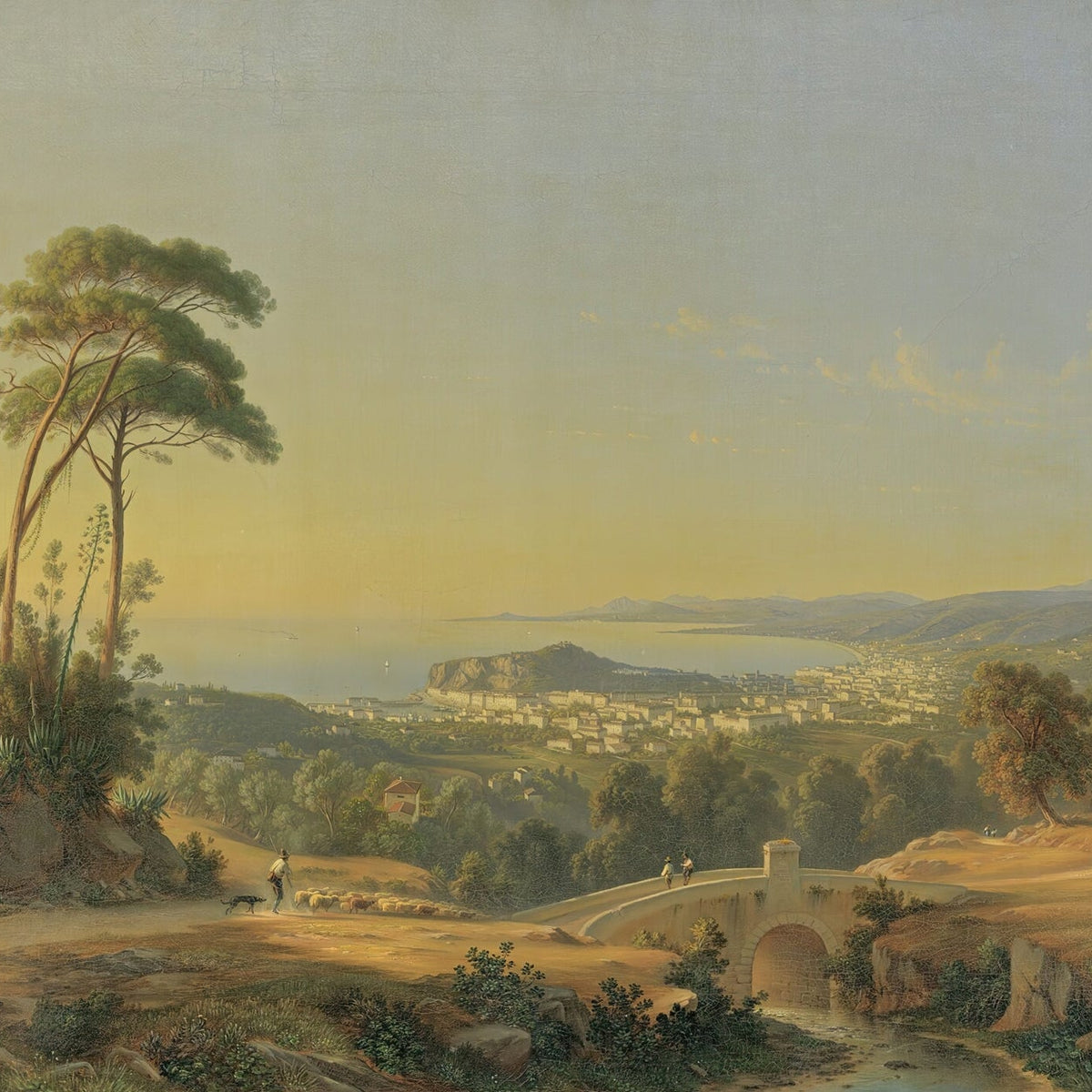 Landscape Oil Painting - Coastal City, Stone Bridge and Shepherds