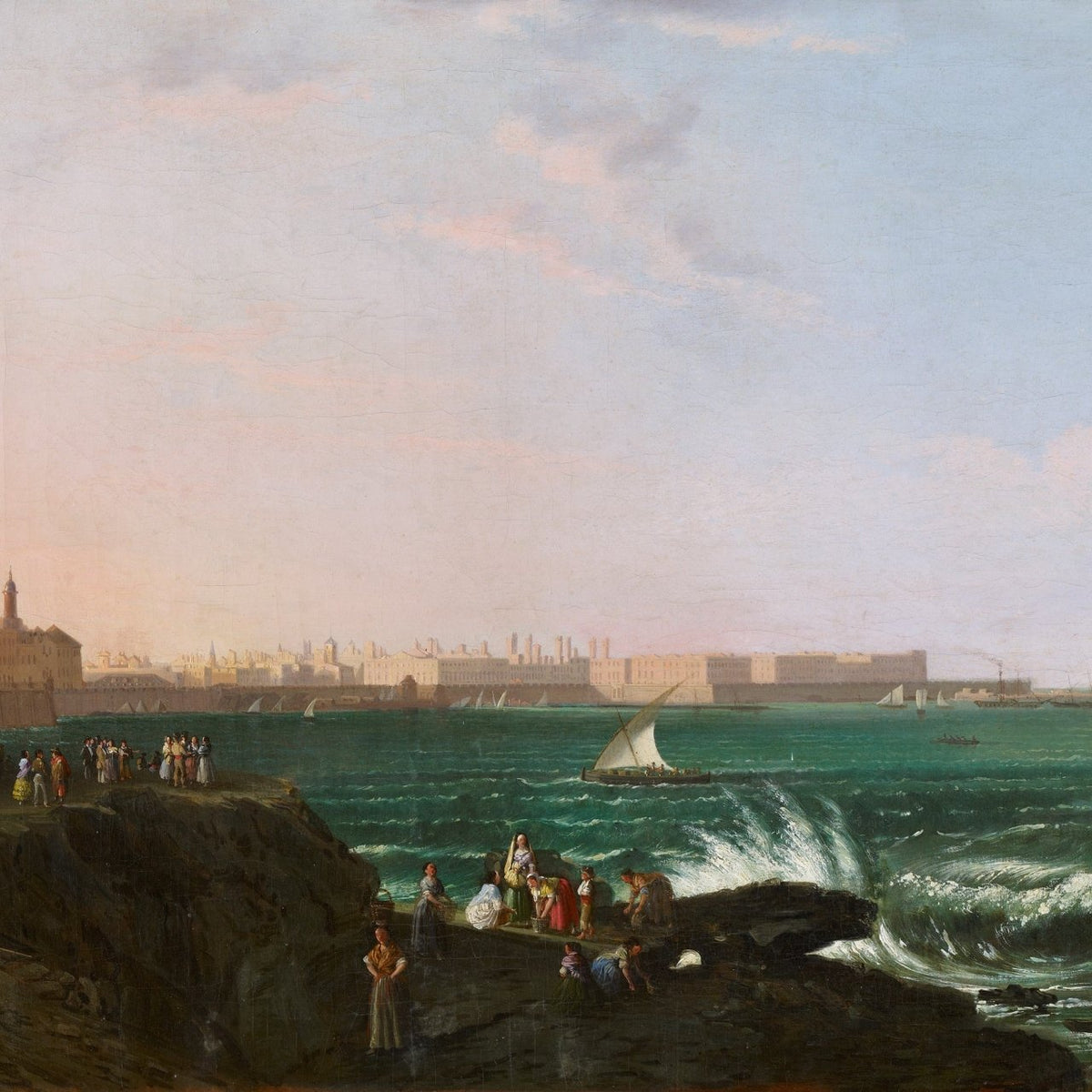 Hand painted landscape oil painting of a coastal city view with textured brushwork, waves, boats, and cliffs on oil on canvas. - Add Frame, Boat, Canvas, Coastal, Hand Painted, Landscape, Made To Order, Oil Painting, Seascape