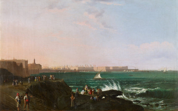 Hand painted landscape oil painting of a coastal city view with textured brushwork, waves, boats, and cliffs on oil on canvas. - Add Frame, Boat, Canvas, Coastal, Hand Painted, Landscape, Made To Order, Oil Painting, Seascape
