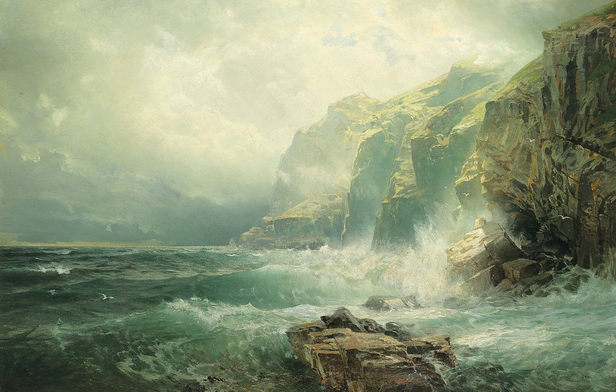 Landscape Oil Painting - Coastal Cliff & Crashing Waves, Misty Sky - Oil Painting Haven
