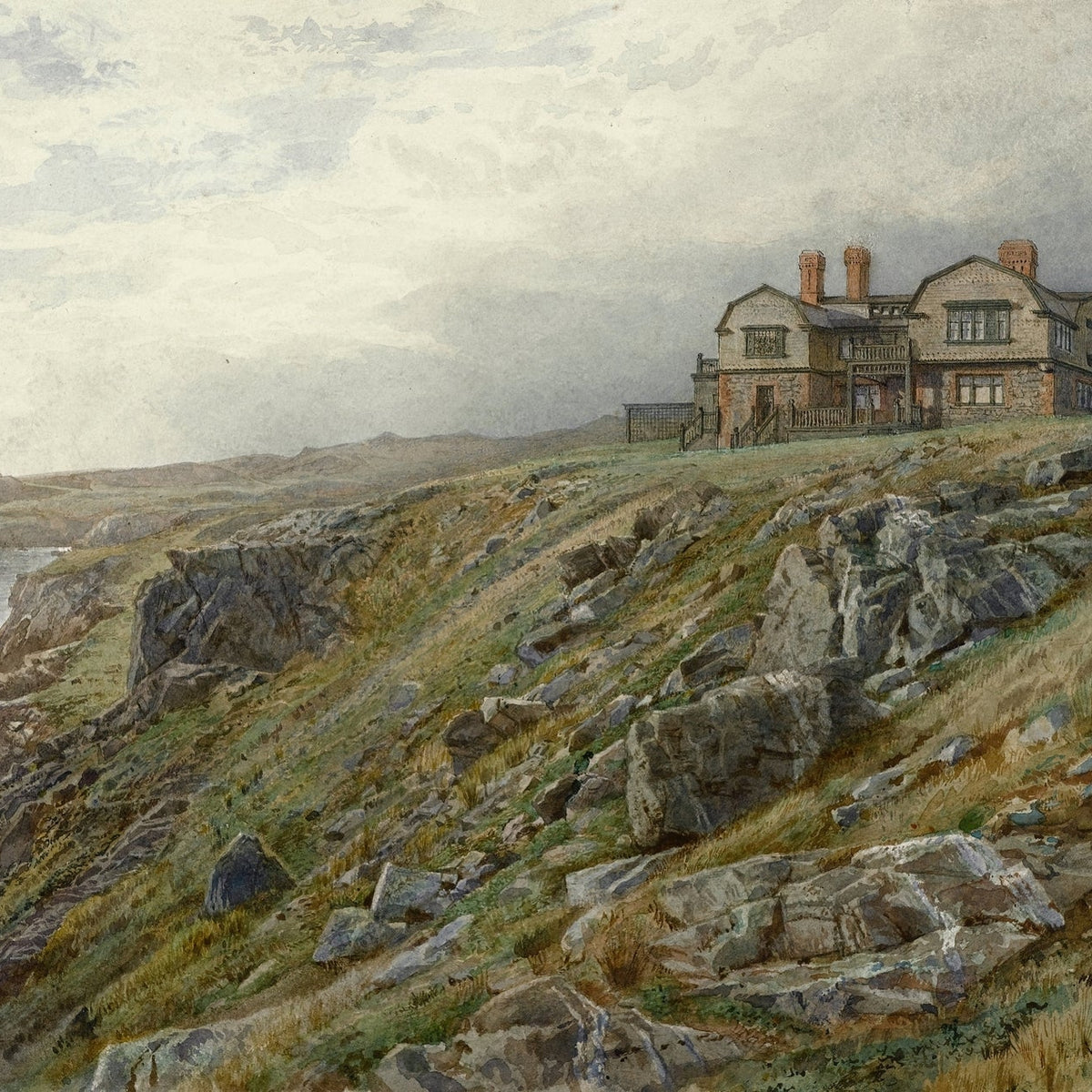 Landscape Oil Painting - Coastal Cliff House, Rocky Slopes & Seaside View - Oil Painting Haven