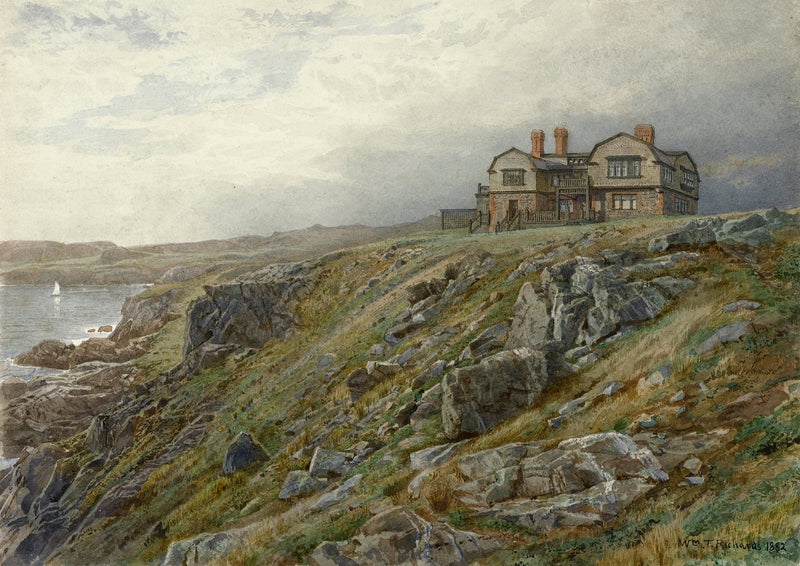 Landscape Oil Painting - Coastal Cliff House, Rocky Slopes & Seaside View - Oil Painting Haven