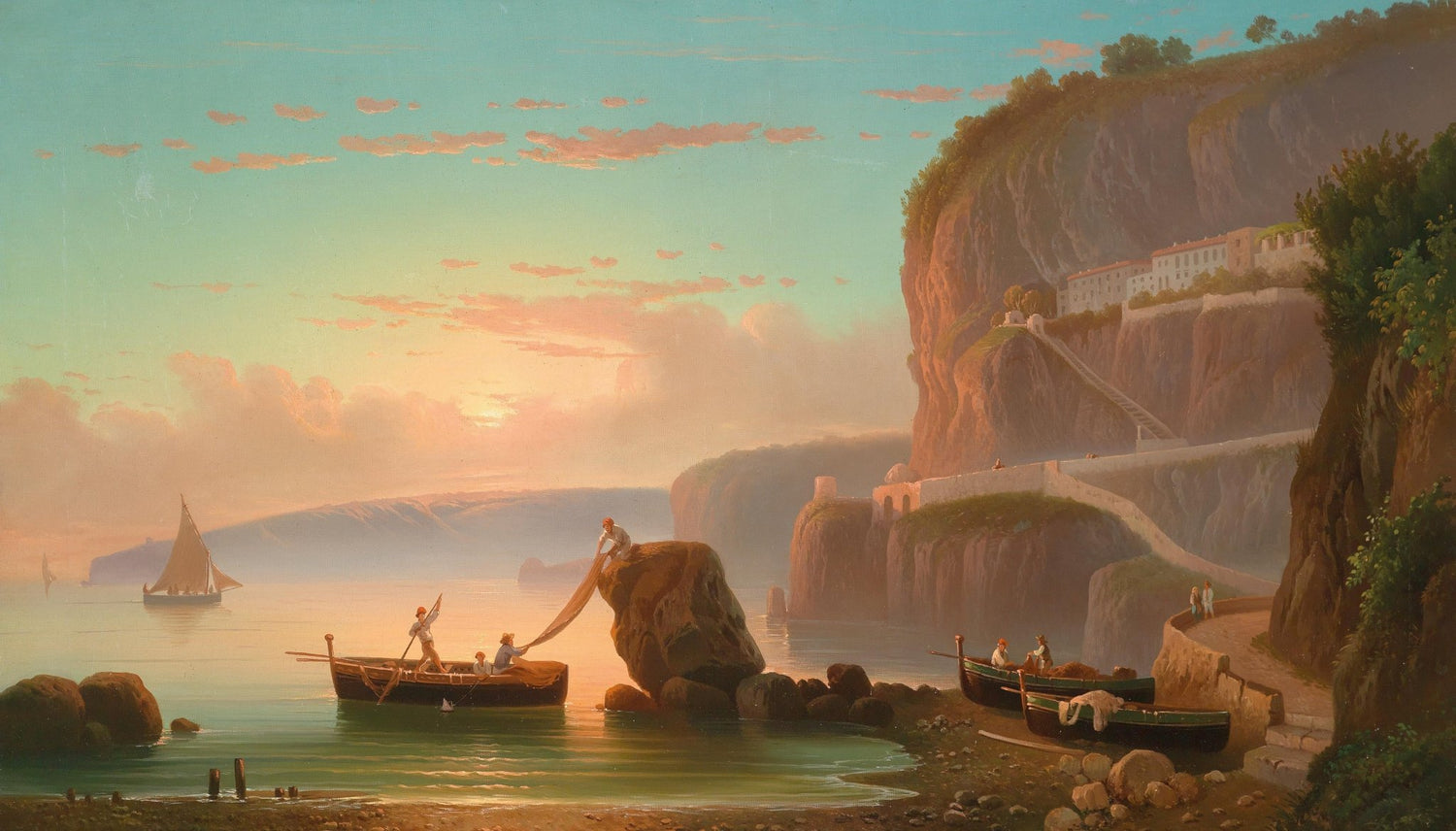 Landscape Oil Painting - Coastal cliff sunset fishing boats & calm sea - Oil Painting Haven